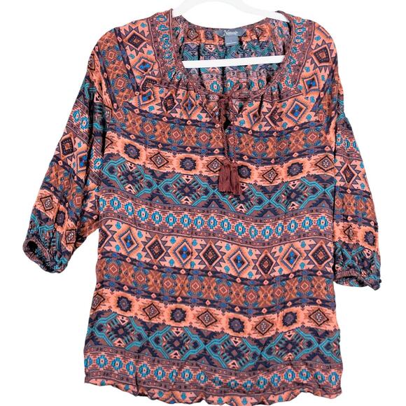Natural Reflections Womens Blouse Multicolor Aztec Boho 3/4 Sleeve Peasant Large - Picture 1 of 11